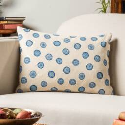 Flower Block Print Linen Blend Boudoir Cushion in Cornflower Blue. Woodblock Floral Design Blue & White. 17x12