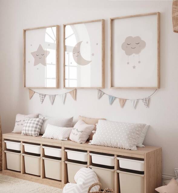 Neutral Moon Stars Cloud Prints - Set Of 3, Beige Nursery, Baby Print, Nursery Prints, Wall Art, Gender Baby, Kids Bedroom - image 1