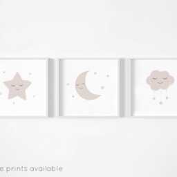 Neutral Moon Stars Cloud Prints - Set Of 3, Beige Nursery, Baby Print, Nursery Prints, Wall Art, Gender Baby, Kids Bedroom - thumbnail 3