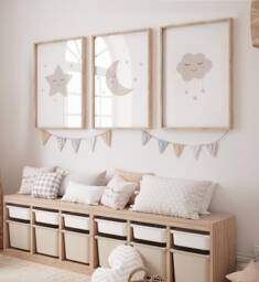 Neutral Moon Stars Cloud Prints - Set Of 3, Beige Nursery, Baby Print, Nursery Prints, Wall Art, Gender Baby, Kids Bedroom - thumbnail 1
