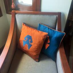 16x16 Silk Pillow, Burnt Orange Cushion, Embroidered Hands-On-Hips Symbol, Handloomed Pillow Cover, Pillowcase With Piping - thumbnail 2