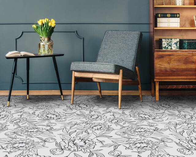 Lineart Garden Roses Vinyl Flooring, White Nursery Black Flooring Decor, Flower Gift For Her, Homecoming Proposal Ideas - image 1