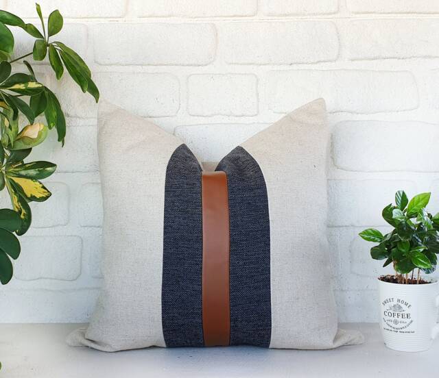 Color Block Pillow Cover Cognac Faux Leather & Linen - image 1