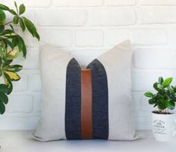 Color Block Pillow Cover Cognac Faux Leather & Linen
