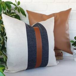 Color Block Pillow Cover Cognac Faux Leather & Linen - thumbnail 4