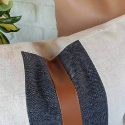 Color Block Pillow Cover Cognac Faux Leather & Linen - thumbnail 3