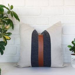 Color Block Pillow Cover Cognac Faux Leather & Linen - thumbnail 2