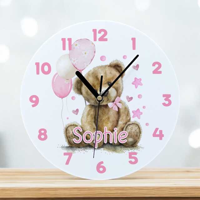 Personalised Childrens Acrylic Clock - Perfect Gift For A Girl 24.5cm Wide New Baby L Pink Teddy Bear With Balloons - image 1