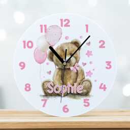 Personalised Childrens Acrylic Clock - Perfect Gift For A Girl 24.5cm Wide New Baby L Pink Teddy Bear With Balloons - thumbnail 1
