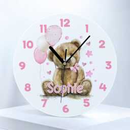 Personalised Childrens Acrylic Clock - Perfect Gift For A Girl 24.5cm Wide New Baby L Pink Teddy Bear With Balloons - thumbnail 3