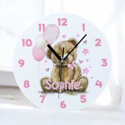 Personalised Childrens Acrylic Clock - Perfect Gift For A Girl 24.5cm Wide New Baby L Pink Teddy Bear With Balloons - thumbnail 2