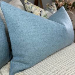 Handmade Blue Wool Blend Lumbar Pillow Cover, 12x20 Cushion Double Sided - thumbnail 1