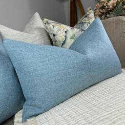 Handmade Blue Wool Blend Lumbar Pillow Cover, 12x20 Cushion Double Sided - thumbnail 2