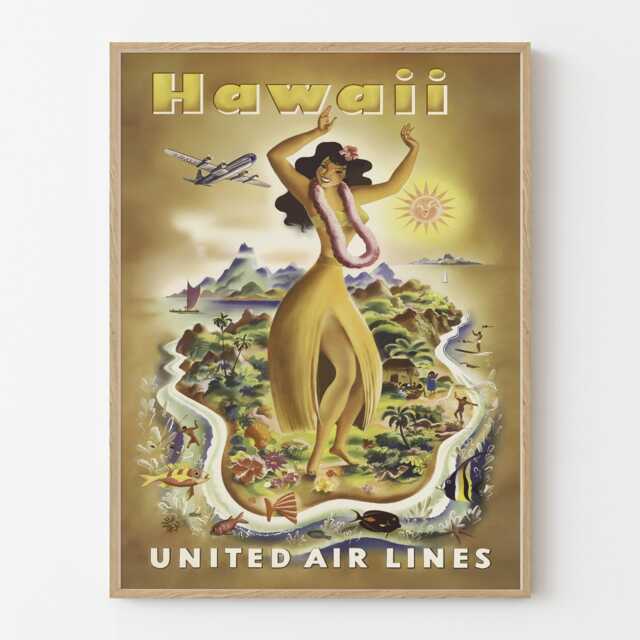 Vintage Hawaii Travel Poster Print, Hula Dancer Island Wall Art Decor - image 1