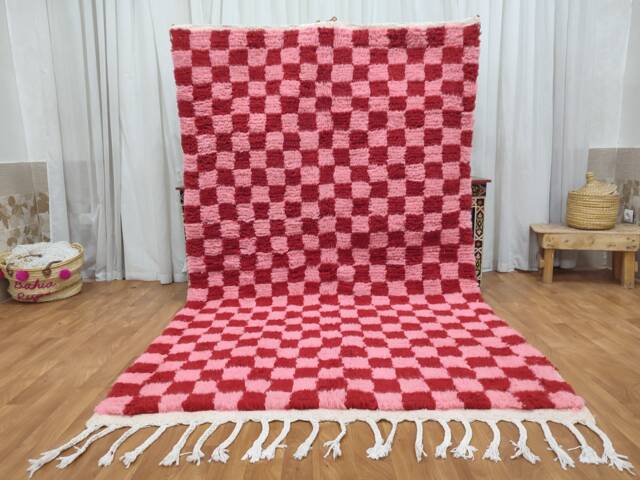Pink & Red Checkered Berber Rug - Hand-Knotted Moroccan Wool Carpet - image 1