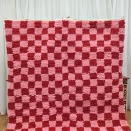 Pink & Red Checkered Berber Rug - Hand-Knotted Moroccan Wool Carpet - thumbnail 2