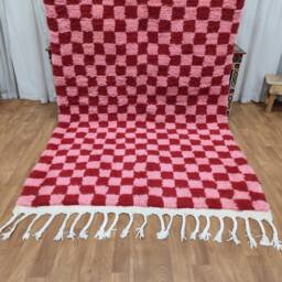 Pink & Red Checkered Berber Rug - Hand-Knotted Moroccan Wool Carpet - thumbnail 3