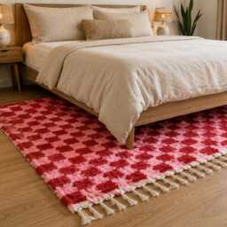 Pink & Red Checkered Berber Rug - Hand-Knotted Moroccan Wool Carpet - thumbnail 4
