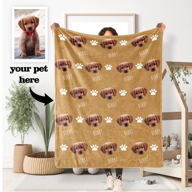 Pet Head Face Personalized Name Blanket, Picture Blanket With Name, Memorial Dog Photo Blanket Cat Gift - image 1