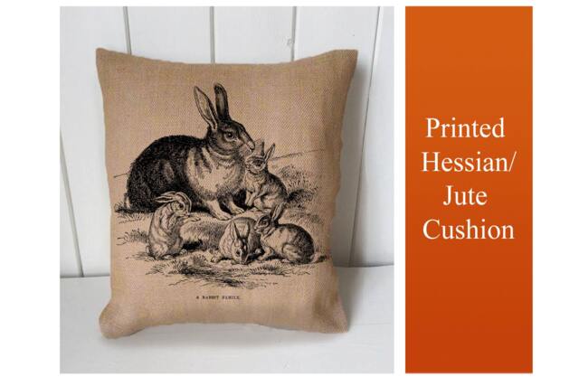 Rabbit Family Baby Bunny Animals - Cushion Fabric Panel Or Case Or With Filling Rustic Natural Jute Burlap Hessian