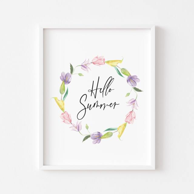Summer Floral Wreath Print Pink Purple Watercolour Wall Art - Unframed - image 1