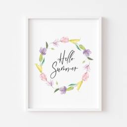 Summer Floral Wreath Print Pink Purple Watercolour Wall Art - Unframed - thumbnail 1