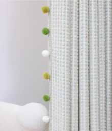 A Pair Of Checkered Chenille Kids Curtains With Pompom Trim , Baby Blue Living Room Curtains, Nursery , Bedroom Custom Made - thumbnail 1