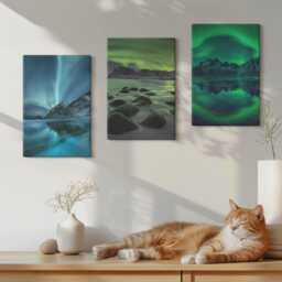 Canvas Set Of 3 Wall Art - Winter Landscape With Northern Lights & Mountains, Green Photo Print, Landscapes Hanging Piece - thumbnail 3