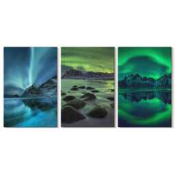 Canvas Set Of 3 Wall Art - Winter Landscape With Northern Lights & Mountains, Green Photo Print, Landscapes Hanging Piece - thumbnail 2