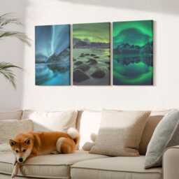 Canvas Set Of 3 Wall Art - Winter Landscape With Northern Lights & Mountains, Green Photo Print, Landscapes Hanging Piece - thumbnail 1