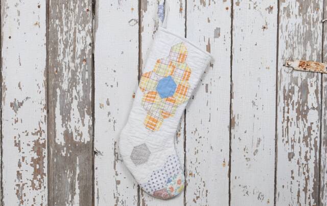 Vintage Quilt Christmas Stocking Grandma's Garden Diamonds, Hand Stitched - image 1