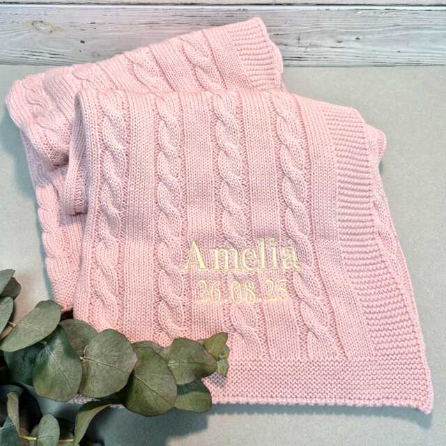 Personalised Baby Blanket Cable Knit For Newborn Gift Soft Knitted Breathable Embroidered Wrap Girl Boy - image 1