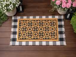 Modern Botanical Doormat - Black Tile D??cor Natural Coir Front Floor Rug - thumbnail 1