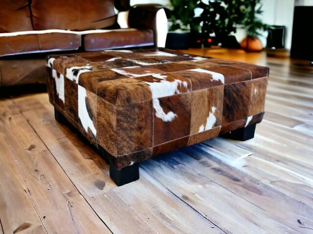 Handmade Patchwork Genuine Cowhide Ottoman Coffee Table, Can Be Used As Pouf Footstool - B - Fo - image 1