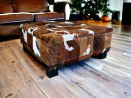 Handmade Patchwork Genuine Cowhide Ottoman Coffee Table, Can Be Used As Pouf Footstool - B - Fo