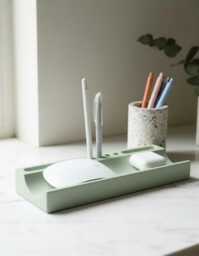 Modern Cement Desk Organizer Minimalist Stone Office Storage For Phone, Pens & Stationery