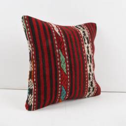 Turkish Kilim Pillow Cover Handwoven Wool Rug Pillow, 16x16 - thumbnail 2