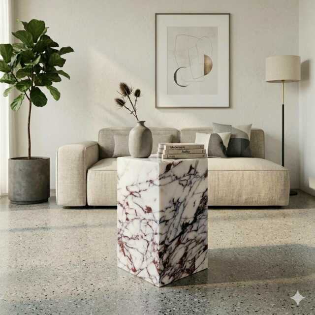 Calacatta Viola Marble Side Table - Travertine Plinth Pedestal - image 1