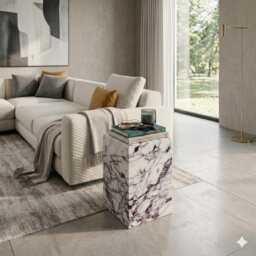 Calacatta Viola Marble Side Table - Travertine Plinth Pedestal - thumbnail 2