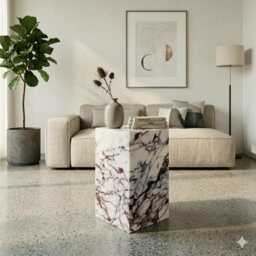 Calacatta Viola Marble Side Table - Travertine Plinth Pedestal - thumbnail 1