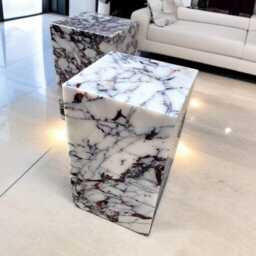 Calacatta Viola Marble Side Table - Travertine Plinth Pedestal - thumbnail 4