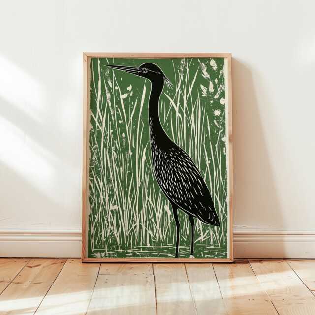 Green Heron Poster - Linocut Bird Art Wetland Wildlife Illustration - image 1