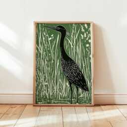 Green Heron Poster - Linocut Bird Art Wetland Wildlife Illustration - thumbnail 1