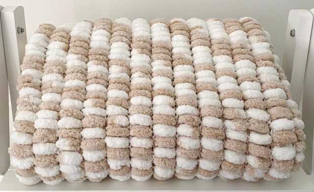 Hand Knitted Pom Baby Blanket - Beige/White Car Seat Size - Approx 43cmx48cm - image 1
