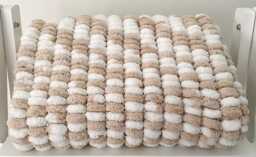 Hand Knitted Pom Baby Blanket - Beige/White Car Seat Size - Approx 43cmx48cm