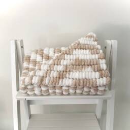 Hand Knitted Pom Baby Blanket - Beige/White Car Seat Size - Approx 43cmx48cm - thumbnail 4