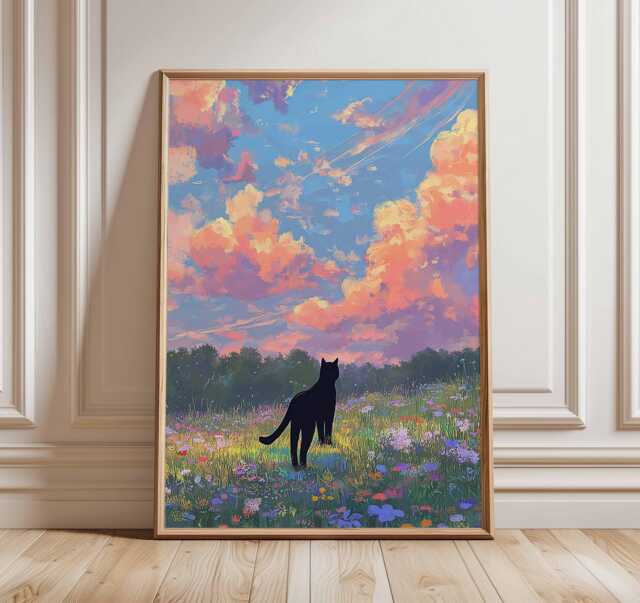 Black Cat Wildflower Field Print, Whimsical Painting, Dreamy Sunset Sky Wall Art Poster Nursery Decor Lover Gift - image 1