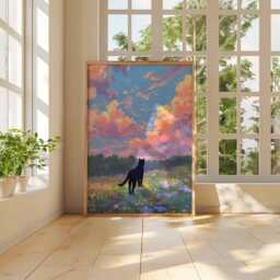 Black Cat Wildflower Field Print, Whimsical Painting, Dreamy Sunset Sky Wall Art Poster Nursery Decor Lover Gift - thumbnail 3