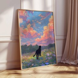 Black Cat Wildflower Field Print, Whimsical Painting, Dreamy Sunset Sky Wall Art Poster Nursery Decor Lover Gift - thumbnail 2