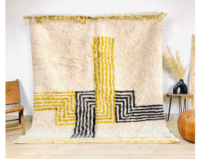 Modern Yellow & Black Line Moroccan Rug - Abstract Berber Design, Wool Shag Rug, Large Area - image 1